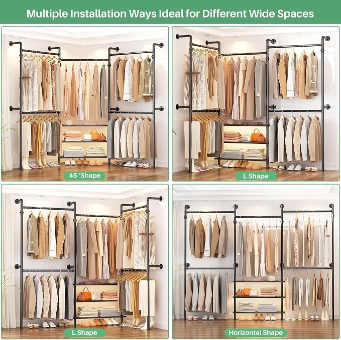 Aheaplus Expandable Industrial Pipe Clothing Rack, 7.3-10.9Ft Wall Mounted Closet System, Reversible L Shaped Clothes Rack for Hanging Clothes,Heavy Duty Corner Wardrobe Closet Garment Rack, Black Oak