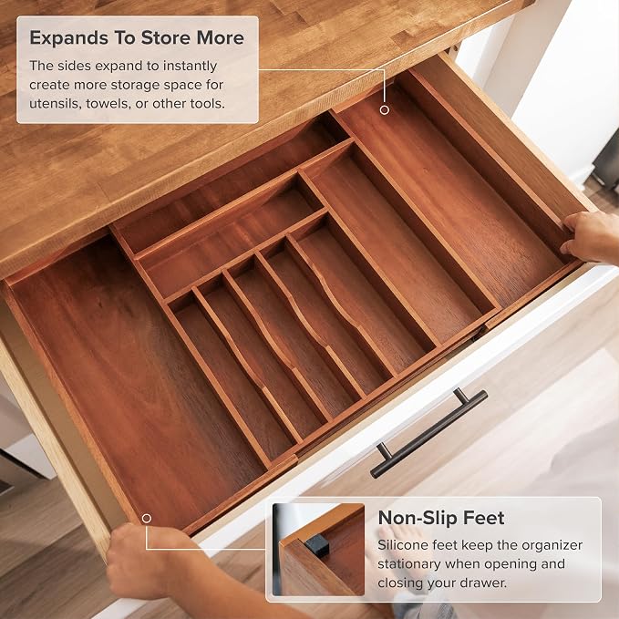 KitchenEdge Silverware & Utensil Drawer Organizer, 16-28 in, Acacia | Cutlery, flatware, food-safe contract grade, kitchen drawer fit