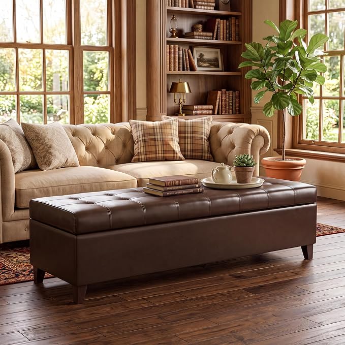 51" Dark Brown Leather Storage Ottoman for Living Room | End of Bed Storage Ottoman Bench, Faux Leather Upholstered Ottomans with Hinged Lid, Rectangle Bench for Entryway&Bedroom