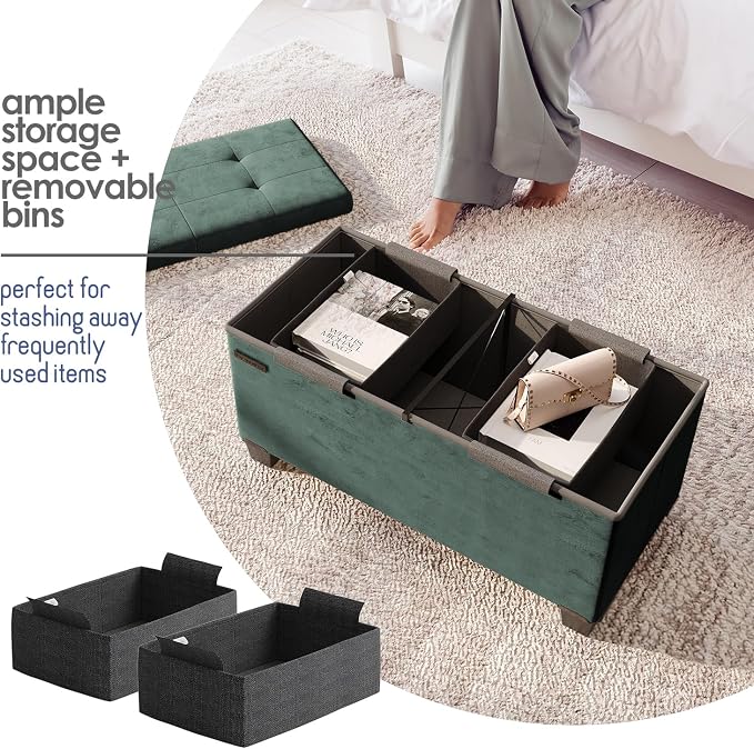 Storage Ottoman Bench with Bins, 30-in Storage Bench for Bedroom End of Bed, Folding Foot Rest Ottoman for Living Room Max 660lbs, Velvet Ottomans, Green