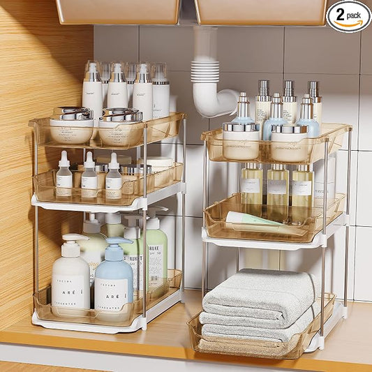 Delamu 2 Pack 3-Tier Bathroom Under Sink Organizers and Storage, Multi-Purpose Stackable Pantry Organization and Storage, Pull Out Clear Kitchen Bathroom Cabinet Organizer with Movable Dividers, Amber
