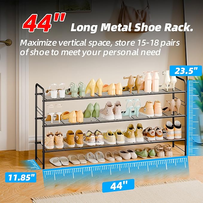 3 Tier Shoe Rack for Closet, 44 Inch Extra Long Shoe Storage Organizer for Shelves, Heavy Duty Metal, Easy Assembly, Black