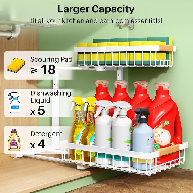 Kitstorack Under Sink Organizer, 2 Tier Under the Sink Storage, Slide out Pull out Cabinet Organizer Shelf, Metal Sliding Drawer for Kitchen Bathroom Pantry Closet Organization Rack, White, 2 Pack