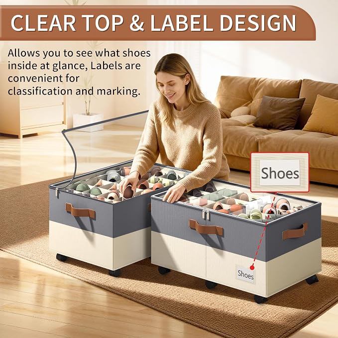 Foyego Shoe Organizer for Closet, with Wheels, Beige and Grey | Fits 24 Pairs, with Adjustable Dividers and Clear Cover, Saving Space Foldable Fabric Closet Shoe Storage Organizer Box Bins