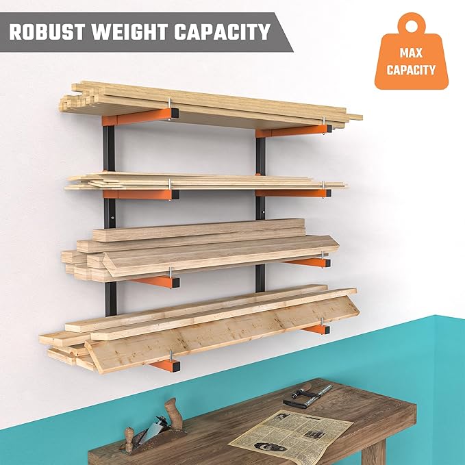 Lumber Storage Rack, Snap-Fit Connection Lumber Rack Wall Mount, Heavy Duty Metal 8 Level-32 Inch Wood Storage Rack
