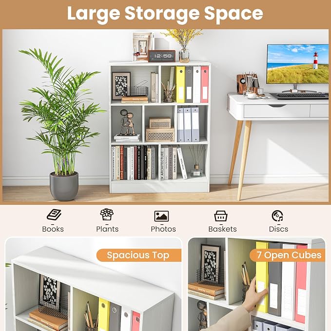 Giantex 7 Cube Bookcase, 4-Tier Freestanding Bookshelf w/ 7 Open Compartments, 2 Anti-Tipping Kits, Modern Display Cabinet, 41" Wood Cubby Storage Organizer for Living Room, Bedroom, White