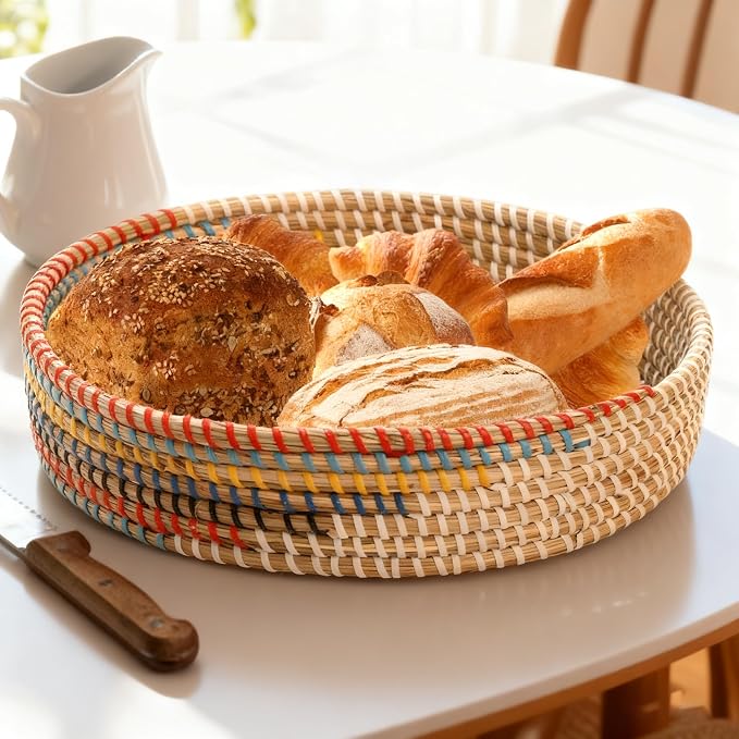 SOUJOY 12'' Woven Seagrass Serving Tray, Rattan Serving Tray, Handmade Round Ottoman Fruit Tray, Colorful Coffee Table Decorative Tray for Bread, Tea, Breakfast, Coffee, Drinks, Snack, Wall Decor