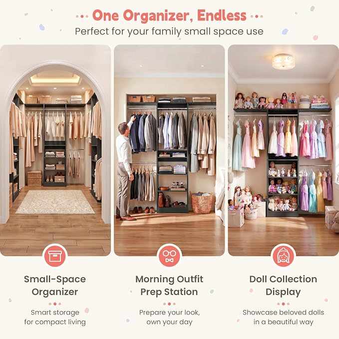 48" Small Closet System, Space-Saving Wall-Mounted Wardrobe Organizer, Mini Garment Rack for Narrow Spaces, Morning Outfit Prep Station & Nursery Dress-up Storage, Black