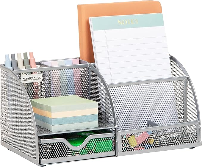 Mind Reader 7-Compartment Desktop Organizer, Metal Mesh Desk Organizer for Pens, Sticky Notes, Mail and Office Supplies, Silver