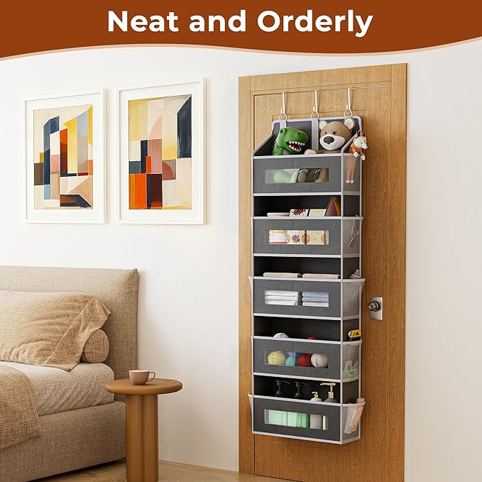 2 Pack 5 Tier Over The Door Organizer - Large Capacity Behind Door Hanging Shelves with 10 Mesh Pockets and Clear Windows, Closet Organizers and Storage for Bathroom, Bedroom, Nursery, Grey