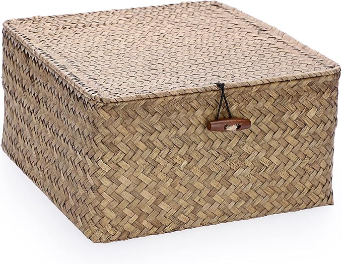 Hipiwe Wicker Shelf Baskets Bin with Lid Handwoven Seagrass Storage Basket Container Square Multipurpose Household Basket Boxes for Shelves and Home Organizer, Coffee Medium