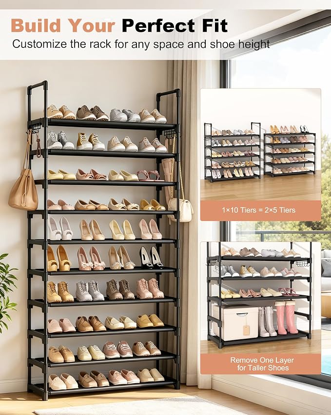 LANTEFUL Upgraded Shoe Rack for Closet Large Capacity 10 Tier Shoe Storage Holds 40–50 Pairs Sturdy Shoe Organizer with 10 Hooks for Entryway, Bedroom, Garage, Black