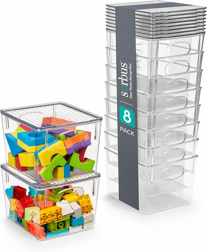 Sorbus Medium Plastic Storage Bins with Lids, Stackable, Toy, Clothes, Medicine, Makeup, Closet, Art Supply, Bathroom, Shoe, Toy Storage Organizer (8 Pack)