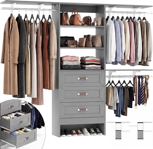 8FT Closet System with 3 Curved Drawers, 96'' Wooden Walk-in Closet Organizer with 3 Top Shelves, Adjustable Organizer System with 3 Hanging Rods, Built-in Wardrobe Storage Rack for 4-8 ft, Grey
