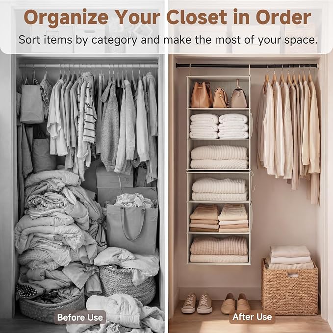 StorageWorks 6-Shelf Jumbo Closet Organizers, Two 3-Shelf Separable Hanging Shelves for Closet, 13 "D x 15" W x 47 ¼" H,Mixing of Beige, White & Ivory
