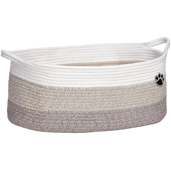 Optish Dog Toy Basket, 30L Toy Box and Bin for Dog Cat Storage, 19.7" X 11" X 7.9" Large Woven Rope Basket for Blanket Storage, Living Room, Bedroom, White & Brown