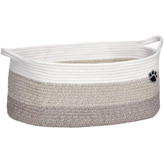 Optish Dog Toy Basket, 30L Toy Box and Bin for Dog Cat Storage, 19.7" X 11" X 7.9" Large Woven Rope Basket for Blanket Storage, Living Room, Bedroom, White & Brown