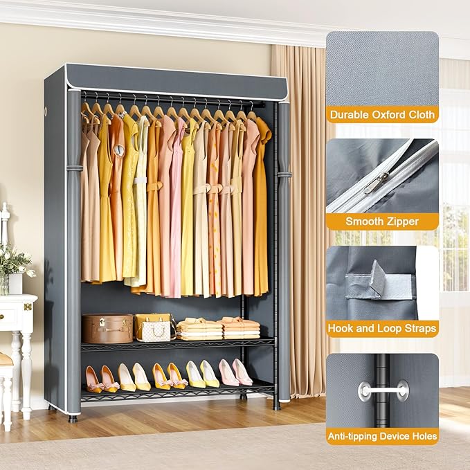 H5C Plus Clothes Rack with Cover, Covered Clothing Rack Heavy Duty | Garment Rack with Shelves, 3-Tier Portable Closets for Hanging Clothes, Max Load 370LBS, Black Closet Racks with Gray Cover