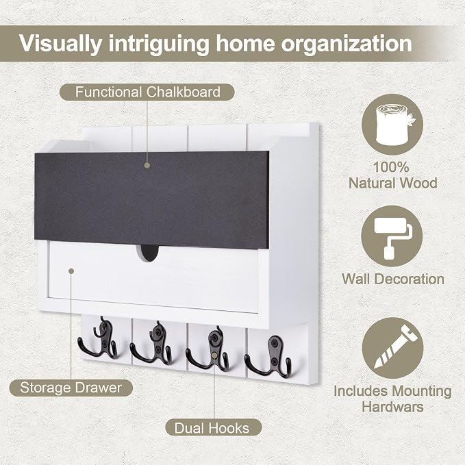 Mail and Key Holder Wall Mount with Storage Drawer & Chalkboard Panel | Modern Wooden Mail Organizer for Wall Entryway, 7 key hooks, Stylish Home Decor for Apartments, Living Room, Office