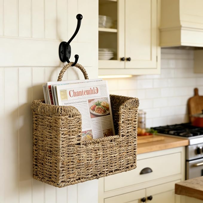 Hanging Magazine Basket, Woven Wall Magazine Holder Organizer with Handle for Mail, Files, Books - Water Hyacinth Farmhouse Storage Rack for Bathroom, Kitchen, Office (1, Sea Grass)