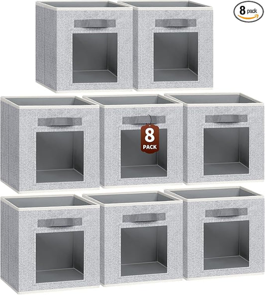 Foldable Storage Cubes - Cubby Storage Organizer with Window, Decorative Fabric Bins for Clothes Storage, Closet Organizers for Shelves, 11inch, Set of 8, Light Grey