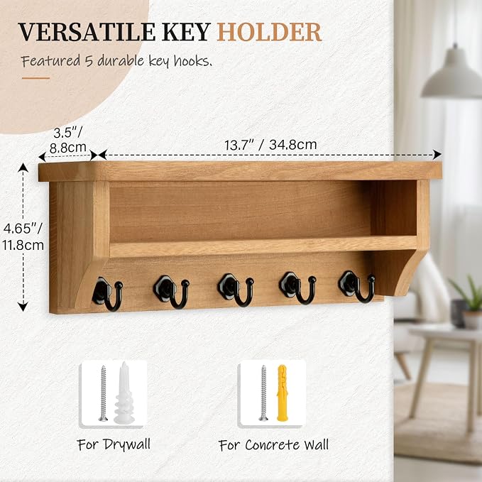 Nekon Key Holder Wall Mount, Wall Organizer Shelf with 5 Key Hooks, Room Decor for Home and Apartment Essentials, Wood