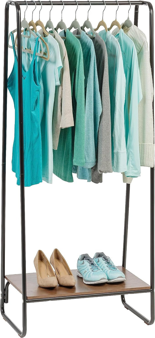 IRIS USA Clothes Rack with Wood Shelf, Garment Storage, Black | Adds storage space for folded clothing, shoes, and accessories with a wood accent surface