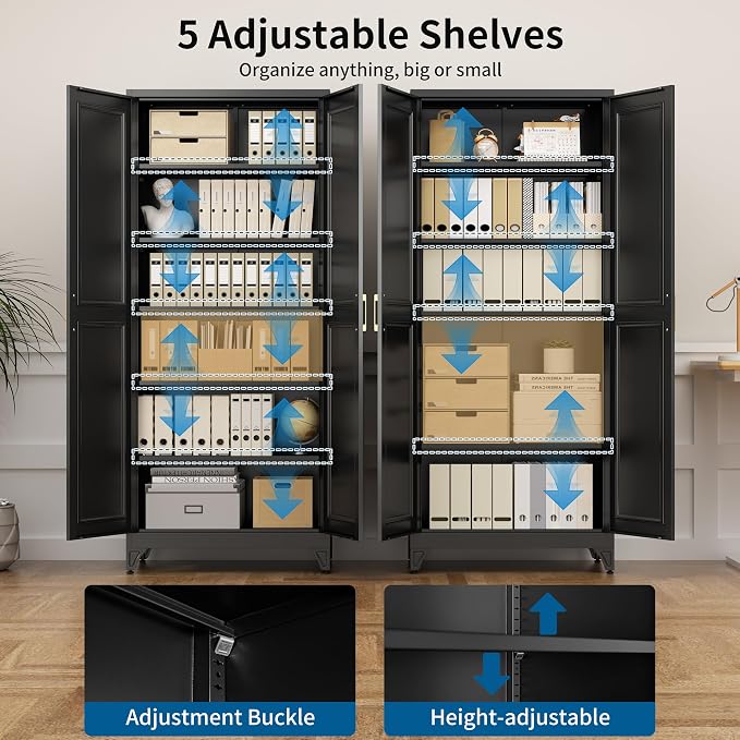 75" Tall Black Metal Storage Cabinet with Doors, Heavy Duty | Freestanding Steel Kitchen Pantry Cabinet, 5 Adjustable Shelves (180 Lbs Load), Tall Cabinets for Home, Office and Garage