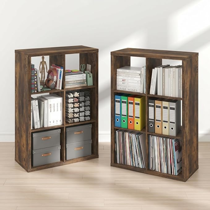 Furinno Cubicle Book Shelf Set of 2, 6-Cube Bookshelf, Amber Pine | 14.6 x 43.8 x 30, 1.2" Thick, Horizontal & Vertical Reversible Bookcase with Open Back, for Living Room, Bedroom, Home Office