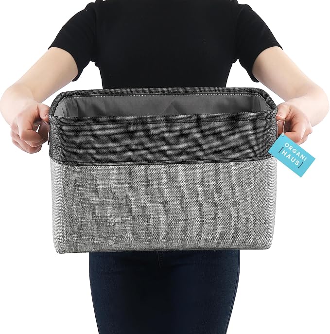 OrganiHaus 15x11in Canvas Storage Baskets 3 Pack - Fabric Bins for Shelves | Vegan leather handles; a decorative closet organizer for clothes, shoes, or toys; bedroom container