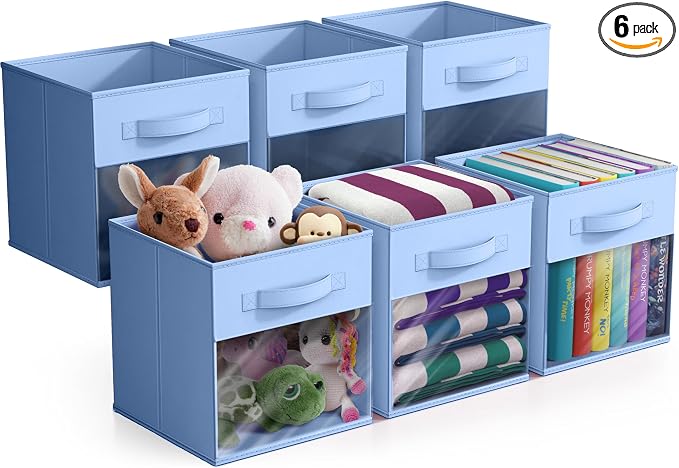 Sorbus 11 Inch Storage Bins with Clear Window - 6 Foldable Baskets for Organizing Clothes, Toys, Books - Sturdy Collapsible Fabric Storage Cubes with Handle - Storage Baskets for Shelves, Closets