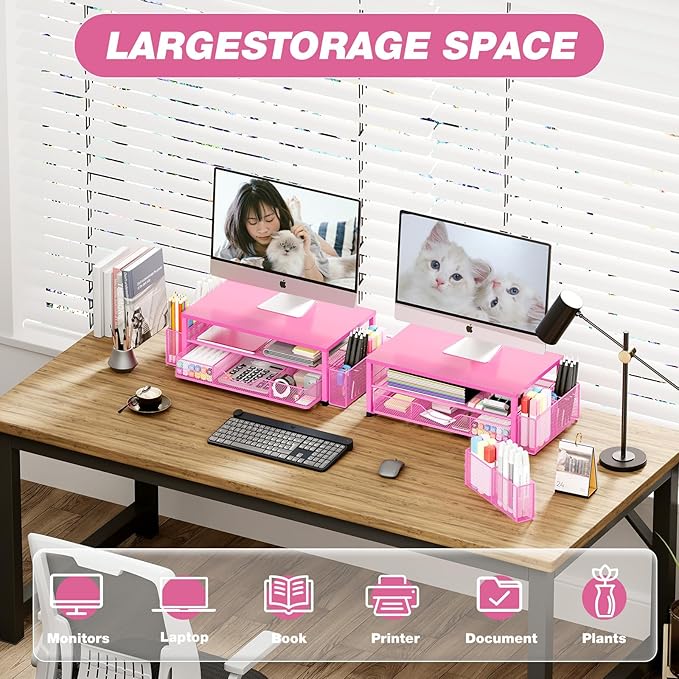 OPNICE Desk Organizers and Accessories, Computer Monitor Stand Riser with Drawer and 2 Pen Holders, Printer & Laptop Stand, Office Desk Accessories & Workspace Organizers for Home Office Supplies, Carmine Rose