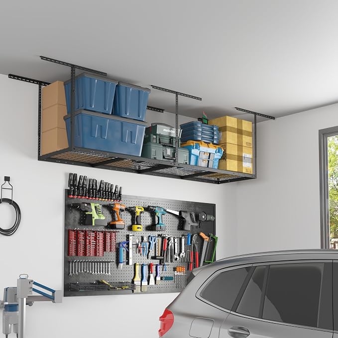 FLEXIMOUNTS 2x8 Overhead Garage Ceiling Storage Rack Organization, White | 400lbs Weight Capacity, 22"-40" Adjustable Organization System, Heavy-Duty Metal Ceiling Racks, Classic Series