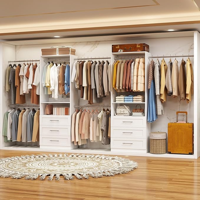 Closet System with Drawers, closet organizer system,2 Sets 4-15FT | 6 Wooden Drawers Storage, 10 Expandable Hanging Rods,Wall Mount, White