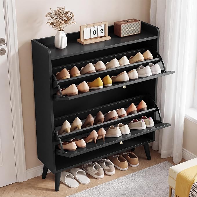 BERRYMERRY 31.5” Black Fluted Shoe Cabinet Storage with 2 Flip Drawers | narrow,entryway,adjustable feet,32 pairs shoe,shoe organize,hidden shoe rack,fluted panel,wave pattern,wood,space saving