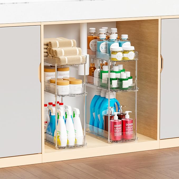 2 Pack 13.8″ Deep 3 Tier Under Sink Storage Organizer,Large Pull Out Bathroom Organizers and Storage,Slide Out Acrylic Undersink Storage Shelf,Kitchen Under Sink Organizer for Cleaning Products