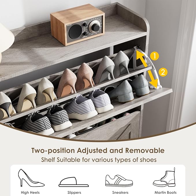 Nicetree Shoe Storage Cabinet with 2 Flip Drawers, Entryway Organizer, Gray | Slim Shoe Cabinet with Metal Legs, Narrow Farmhouse Shoe Organizer for Entryway, Foyer, Hallway, Wood Shoe Rack with Hook
