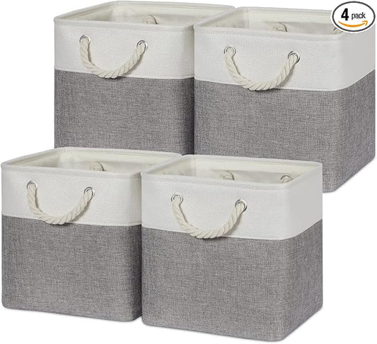 Temary Fabric Storage Baskets for Organizing, Grey Basket for Shelves, Collapsible Baskets with Handles for Shelves, Home, Closet (White&Gray)