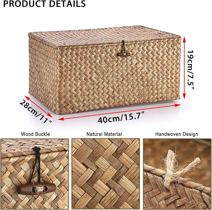 Hipiwe Wicker Shelf Baskets Bin with Lid Woven Storage Box, Coffee X-Large | Handmade Seagrass Basket Storage Bins Rectangular Household Basket Boxes for Shelf Wardrobe Home Organizer