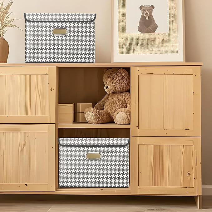 STOREONE Fabric Storage Cube Bins Foldable Organizer Container Collapsible Basket with Lids and Metal Handles, for Home, Bedroom, Closet 6 Pcs (Houndstooth)