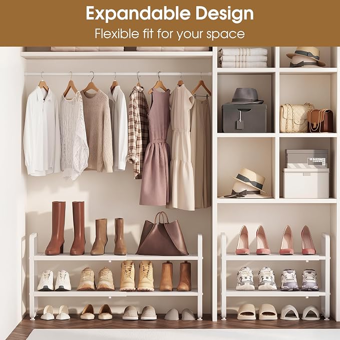 SAYZH 2-Tier Expandable Shoe Rack for Closet, Adjustable Metal Shoe Organizer with Sturdy Mesh Shelves for Boots & Heels, Stackable Shoe Storage for Entryway, Garage, Small Spaces (White, 2-Tier)