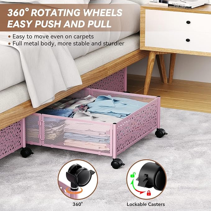 PHINOX Under Bed Storage Container with Wheels,Patterned,Metal,2 Pack,Pink | Tool-free assembly, glide smoothly, easy reach, foldable, maxmazie low-profile beds, dorm, keep seasonal clothes, shoes fresh