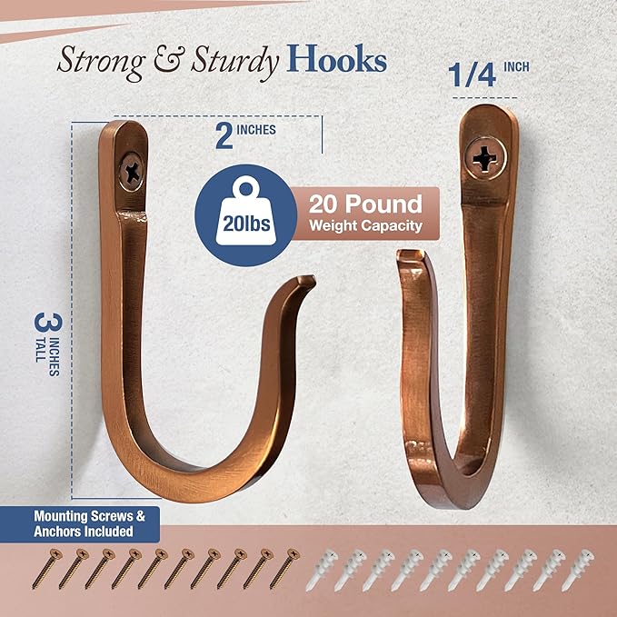 Antique Copper Railroad Spike Cast Iron Hooks (10 Pack) Handmade Blacksmith, Wall Mounted Decorative Hooks, PowderCoated for Interior or Exterior Use, Rust Proof for Hanging Coats, Bags or Pots