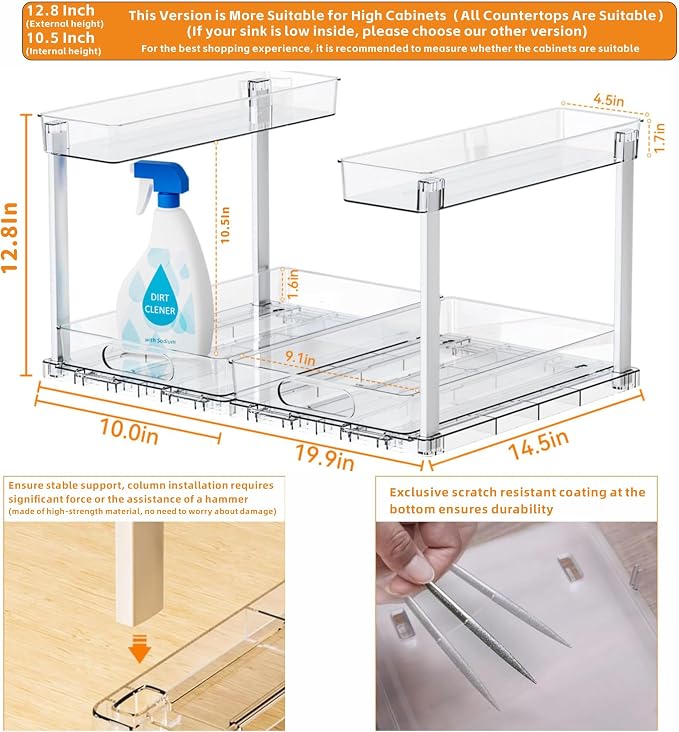 2 Pack 14.6″ Deep Pull Out Under Sink Organizer,12.8″ High 2 Tier Slide Out Cabinet Organizer for Kitchen Cabinet,Undersink Organizers,Under Sink Shelves,Bathroom Organizers and Storage,Clear