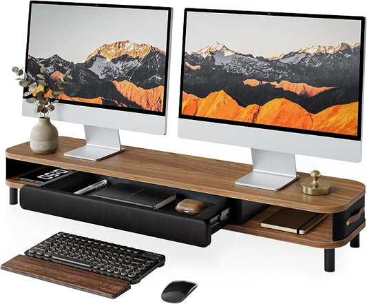 Fenge Dual Monitor Stand with Large Storage Drawer, 42.5" Dsek Shelf, Brown | Slide-Out Drawer with Soft Touch Leather, Ergonomic Monitor Riser, Aluminum leg, 2-Tier Desk Organizer for Laptop, TV, PC