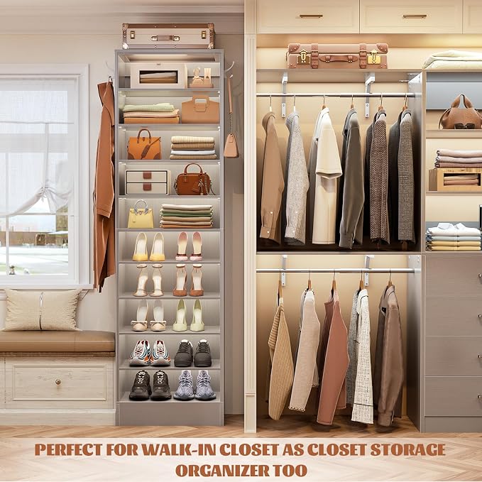 Aheaplus Tall Shoe Cabinet, 10 Tiers Narrow Wood Shoe Rack, Shoe Storage Organizer with Open Storage, Vertical Shoe Shelf Tower for 20-22 Pairs, Space Saving, for Closet, Entryway, Bedroom, Grey