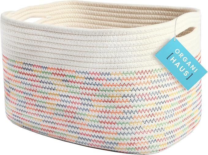 OrganiHaus Rainbow Basket for Shelf Storage, 15x9x10 | Colorful, handwoven cotton rope; a toy bin for playroom, classroom, or girls' room decor; great for nursery too