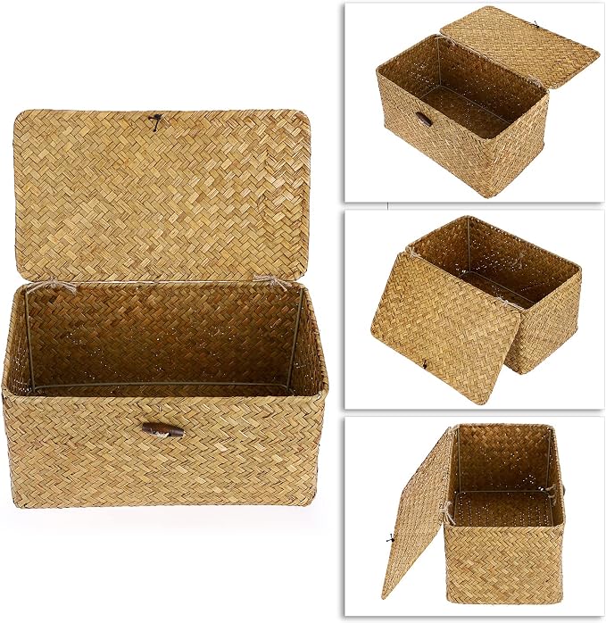 Hipiwe Wicker Shelf Baskets Bin Handwoven Seagrass Storage Basket with Lid | Rectangular Household Basket Boxes for Shelf Wardrobe Home Organizer, Caramel Medium