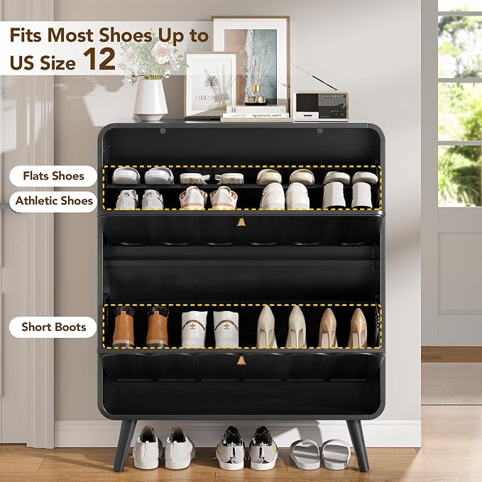 Decofy Shoe Cabinet with 2 Flip Drawers, Expanded Panel for Long Footwear, Freestanding Shoe Storage Cabinet with 3-Gear Adjustable Shelves, Narrow Shoe Cabinets for Entryway, Solid Wood Legs, Balck | 31.5''W; Wider Panel; 2 Flip-Down Drawers; Adjustab...