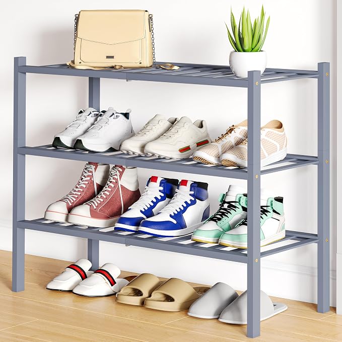Smiry Bamboo Shoe Rack, 12 Vertical Slats, 3 Tier - 26.8" Wide, Grey | Stackable Free Standing Wooden Shoe Organizer, Wood Shoe Storage Shelf for Closet, Entryway